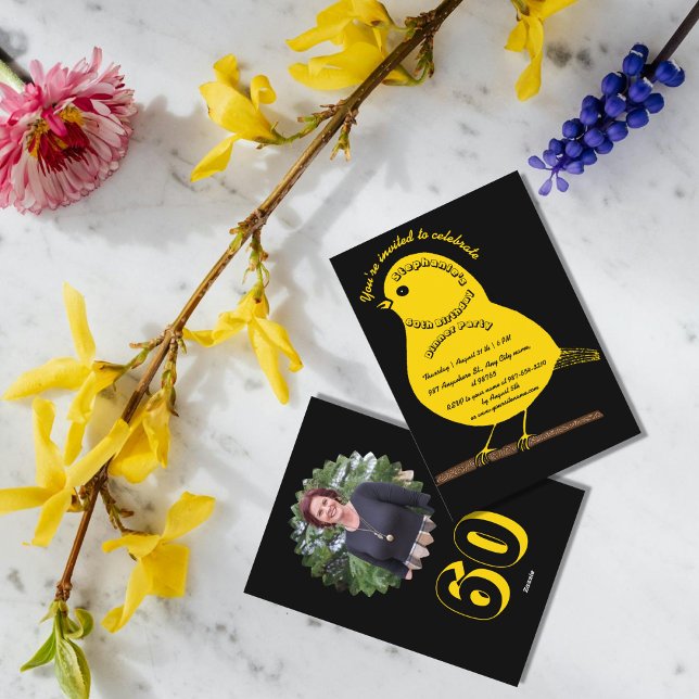 Black & Gold 60. Geburtstag Niedliches Bird Dinner Einladung (Von Creator hochgeladen)