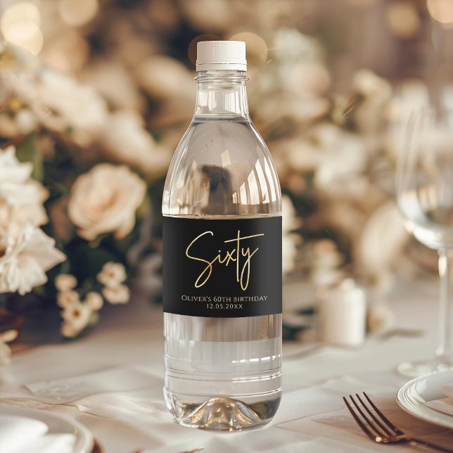 Black & Gold 60. Geburtstagsfeier (Black & Gold 60th Birthday Party Water Bottle Label)