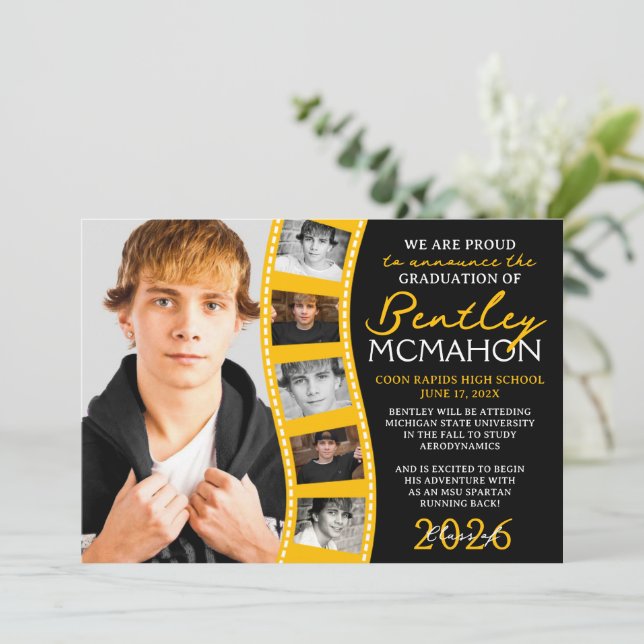 Black & Gold 6 Foto Filmstrip Grad Ankündigung (Stehend Vorderseite)