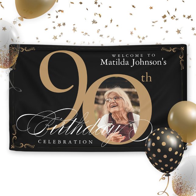 Black Gold 90. Geburtstag Elegantes Kalligrafische Banner (Black Gold 90th Birthday Elegant Calligraphy Photo Banner)