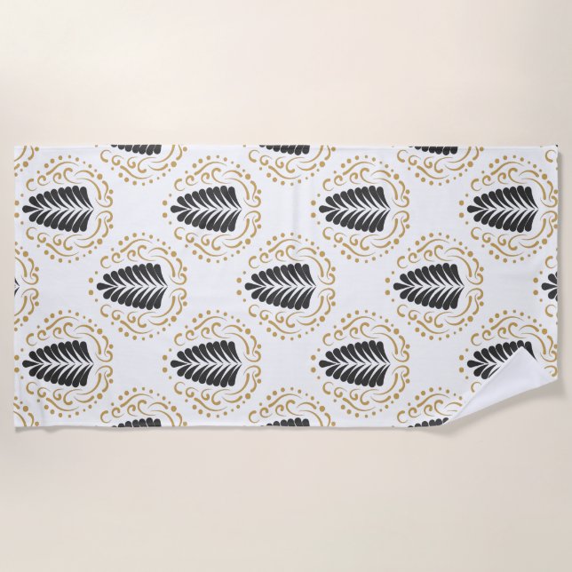 Black & Gold Abstrakt Paisley Leafs Muster Strandtuch (Vorderseite)