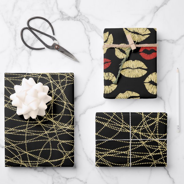 Black Gold Abstrakt Red Lips Brautparty Geschenkpapier Set (Vorderseite)