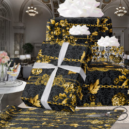 Black Gold Acanthus Leaf Chains Floral Gold Black Geschenkpapier