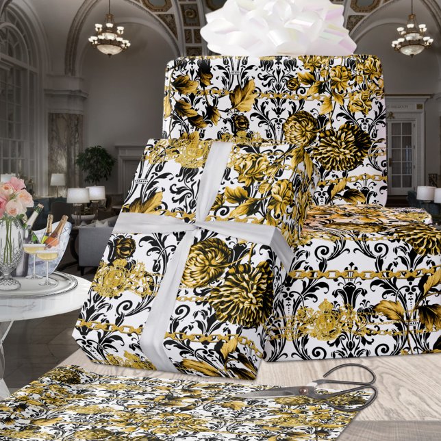 Black Gold Acanthus Leaf Chains Floral Gold White Geschenkpapier (Von Creator hochgeladen)