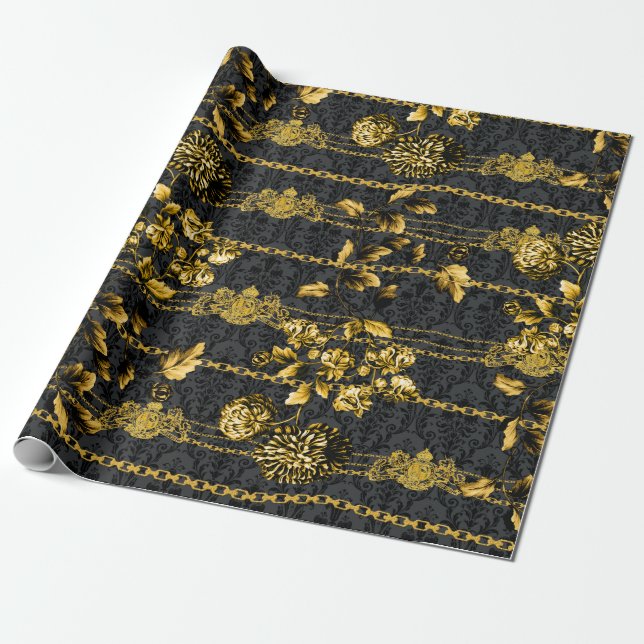 Black & Gold Acanthus Leaf Gold Ketten Luxury Posh Geschenkpapier (Ungerollt)