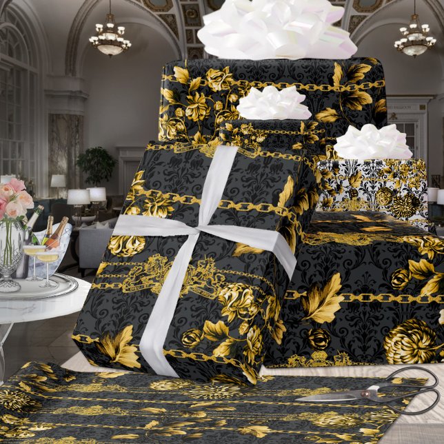 Black & Gold Acanthus Leaf Gold Ketten Luxury Posh Geschenkpapier Set (Black & Gold Acanthus Leaf Gold Chains Luxury Posh Wrapping Paper Sheets )