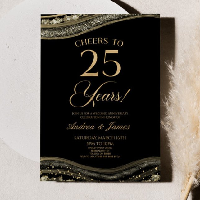 Black Gold Agate 25-jähriges Party zum Hochzeitsta Einladung (Von Creator hochgeladen)