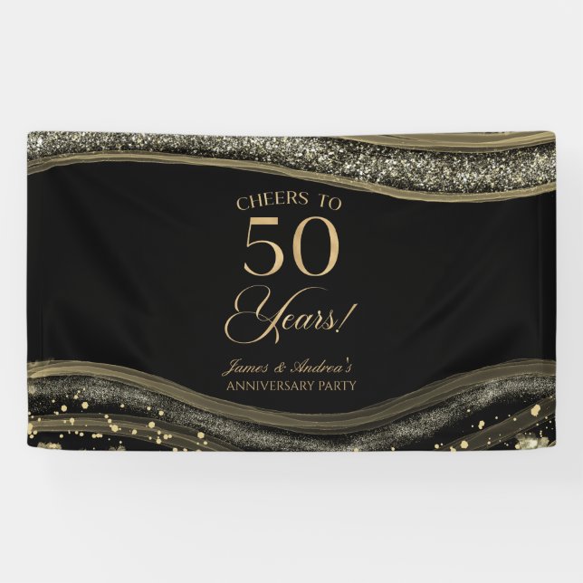 Black Gold Agate 50th Wedding Anniversary Party Banner (Horizontal)