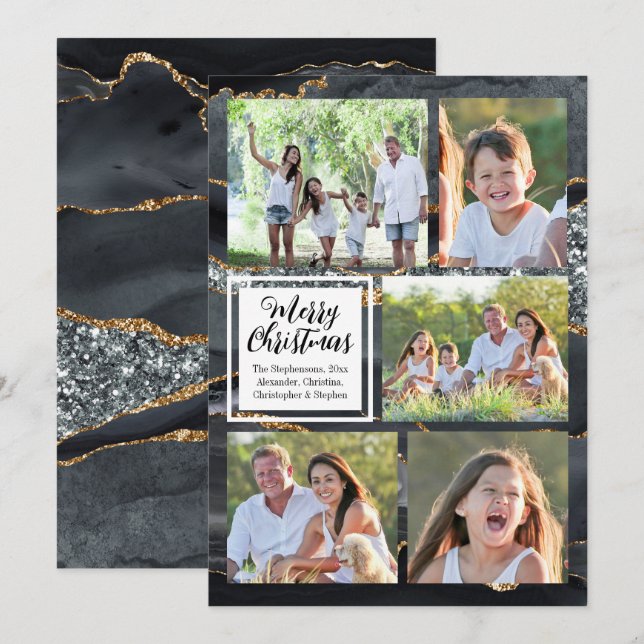Black Gold Agate 5-Foto Frohe Weihnachten Einladung (Vorne/Hinten)