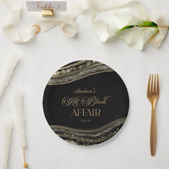 Black Gold Agate All Black Affair Birthday Party Pappteller (Hochzeit)