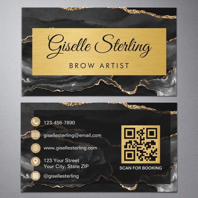 Black Gold Agate Brow Artist Glitter QR Code Visitenkarte (Von Creator hochgeladen)