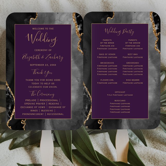 Black Gold Agate Deep Lila Wedding Program Fächer (Von Creator hochgeladen)