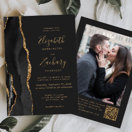 Black Gold Agate Dunkle Foto QR Code Hochzeit Einladung