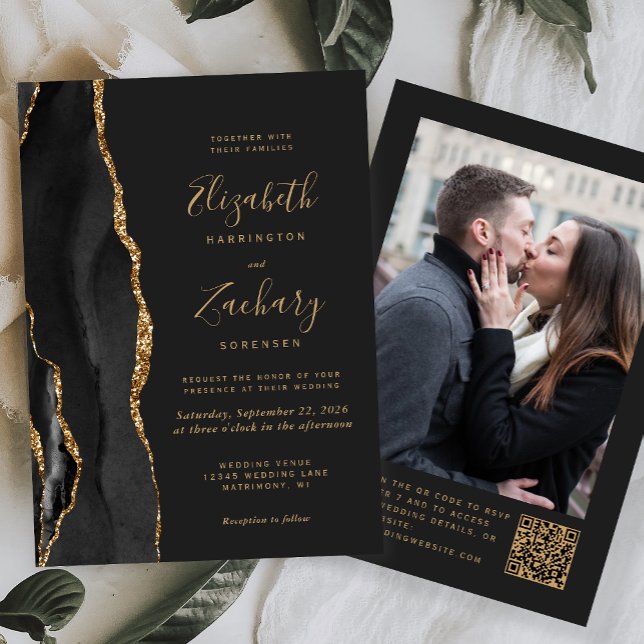 Black Gold Agate Dunkle Foto QR Code Hochzeit Einladung (Von Creator hochgeladen)