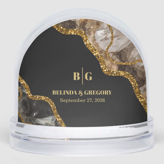 Black & Gold Agate Geode Glitter Wedding Favor Schneekugeln (Vorderseite)