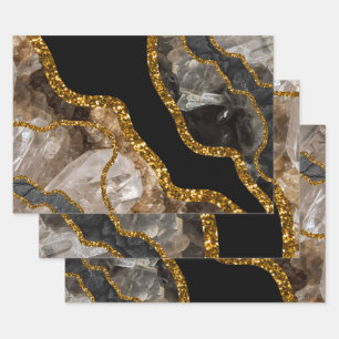 Black & Gold Agate Geode Glitzer Geschenkpapier Set