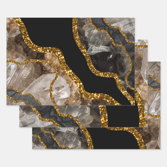 Black & Gold Agate Geode Glitzer Geschenkpapier Set (Set)