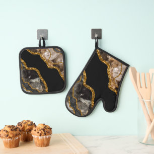Black & Gold Agate Geode Glitzer Ofenhandschuh & Topflappen-Set