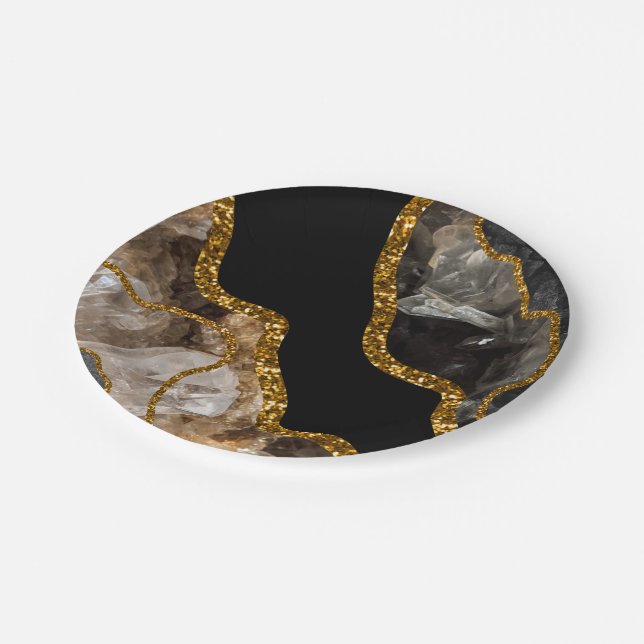 Black & Gold Agate Geode Glitzer Pappteller (Schrägansicht)