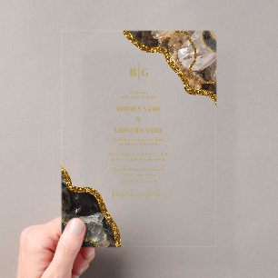 Black & Gold Agate Geode Glitzer Wedding Clear Acryleinladungen