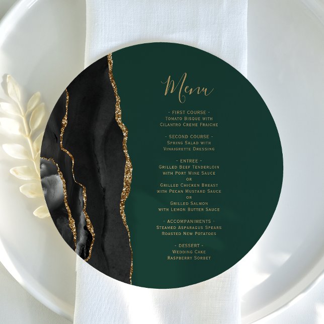 Black Gold Agate Green Round Plate Mariage Menu (Créateur téléchargé)