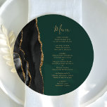 Black Gold Agate Green Round Plate Wedding Menü Menükarte<br><div class="desc">Die links Seite dieses eleganten,  modernen Hochzeitsmenüs besticht durch einen schwarzen Aquarellrahmen,  der mit vergoldetem Imitat-Glitzer bestickt ist. Der anpassbare Text verbindet goldfarbene whimsical Handschriftzeichen mit Copperplate-Schriftart auf einem dunkelgrünen Hintergrund. Auf der Rückseite ist ein passendes schwarz-goldfarbenes Agerat-Design zu sehen.</div>