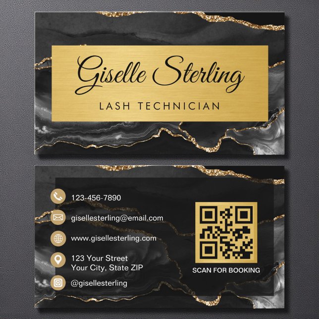 Black Gold Agate Lash Technician Glitter QR Code Visitenkarte (Von Creator hochgeladen)