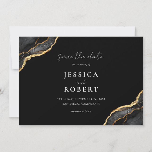 Black Gold Agate Marble Elegante Hochzeit Save The Date (Vorderseite)