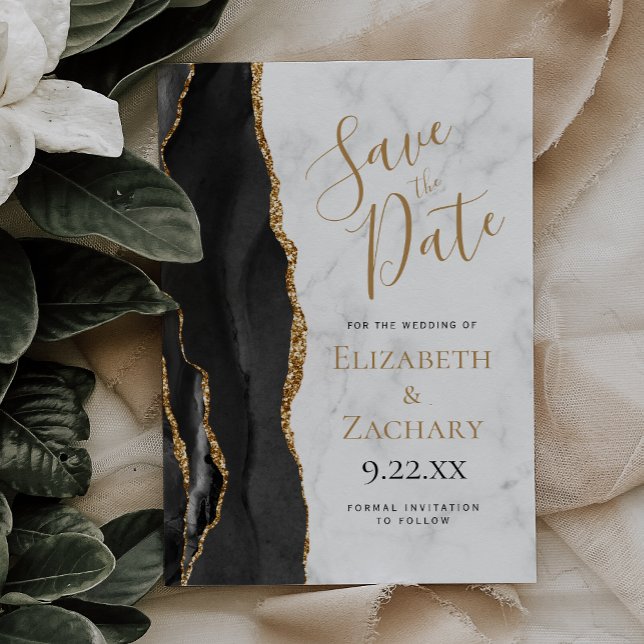 Black Gold Agate Marble Save the Date Card Einladung (Von Creator hochgeladen)