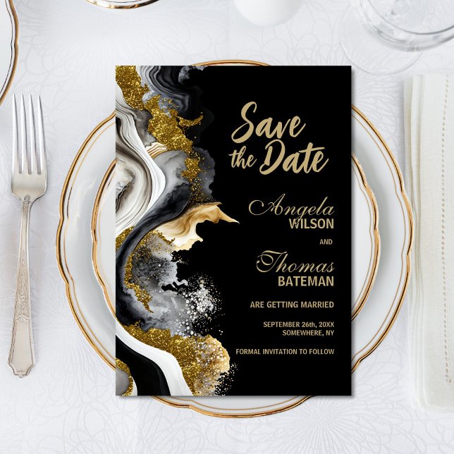 Black Gold Agate Marble Wedding Save the Date (Von Creator hochgeladen)