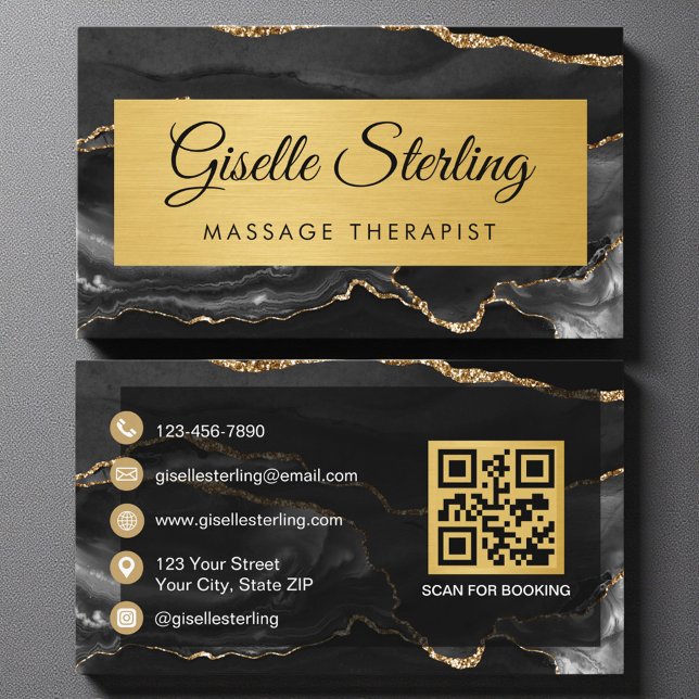 Black Gold Agate Massage Therapist Glitter QR Code Visitenkarte (Von Creator hochgeladen)