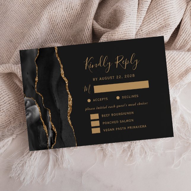Black Gold Agate Meetings Optionen Dunkle Hochzeit RSVP Karte (Von Creator hochgeladen)
