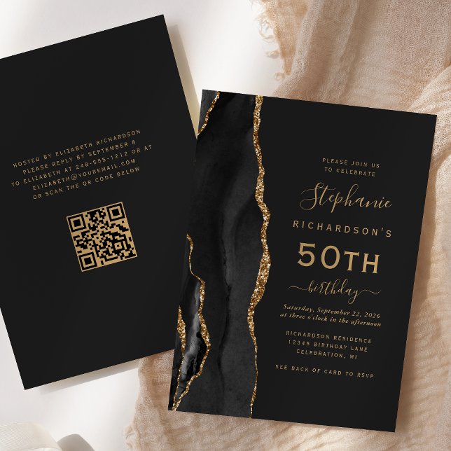 Black Gold Agate QR Code 50. Geburtstag Einladung (Von Creator hochgeladen)