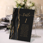 Black Gold Agate Script Dark Wedding Tischnummer Sockelschild<br><div class="desc">Der links Rand dieses eleganten,  modernen Hochzeitssockels mit Tischnummer besticht durch einen schwarzen Aquarellrand,  der mit Imitaten mit goldenem Glitzer bestickt ist. Das Wort "Tabelle" erscheint in einem farbigen goldfarbenen Skript auf einem schwarzen Hintergrund. Fügen Sie die Namen Ihrer Gäste hinzu,  die jeder Tabelle zugeordnet sind.</div>