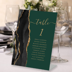 Black Gold Agate Script Green Wedding Tischnummer Sockelschild