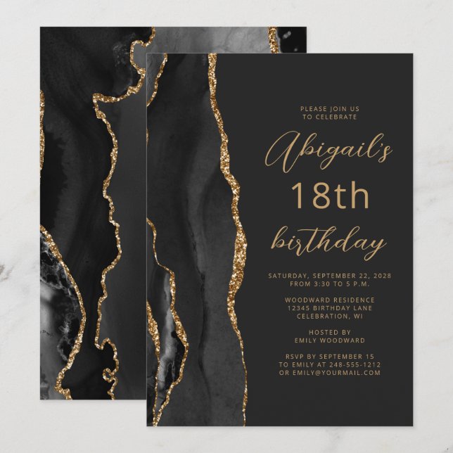 Black Gold Agate Slate Script 18. Geburtstag Einladung (Vorne/Hinten)