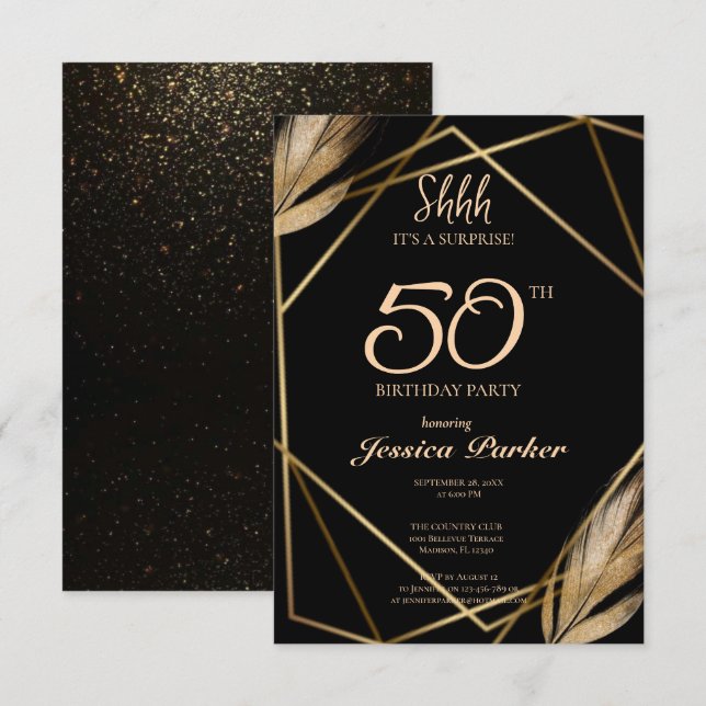 Black Gold Agate Überraschung 50. Geburtstag Einladung (Vorne/Hinten)