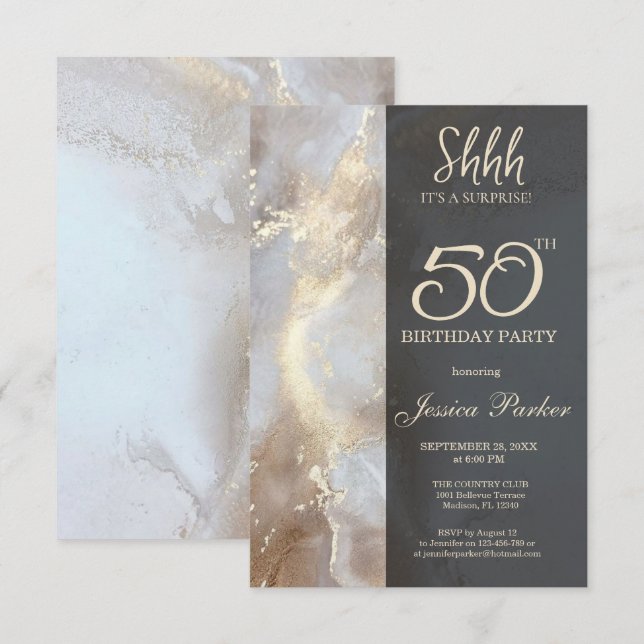 Black Gold Agate Überraschung 50. Geburtstag Einladung (Vorne/Hinten)