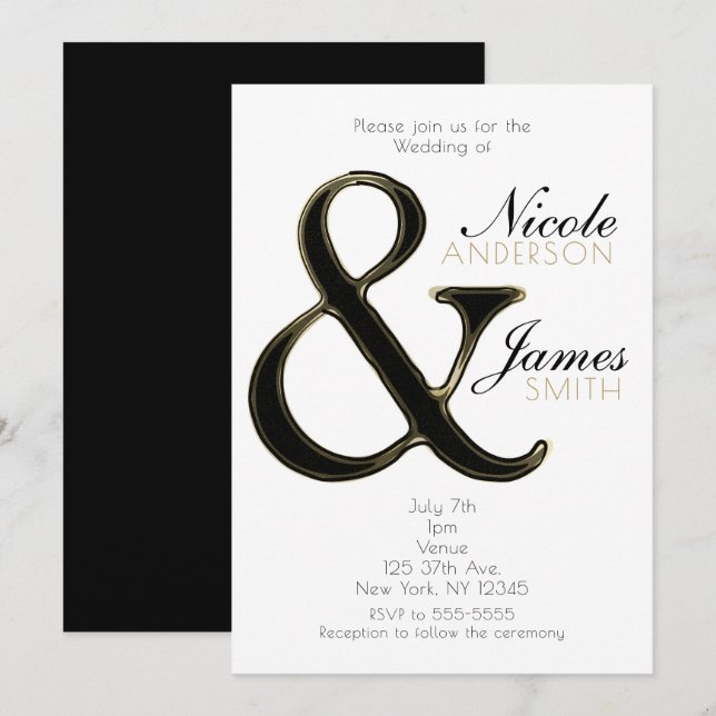 Black & Gold Ampersand Chic Hochzeitseinladungen Einladung (Vorne/Hinten)