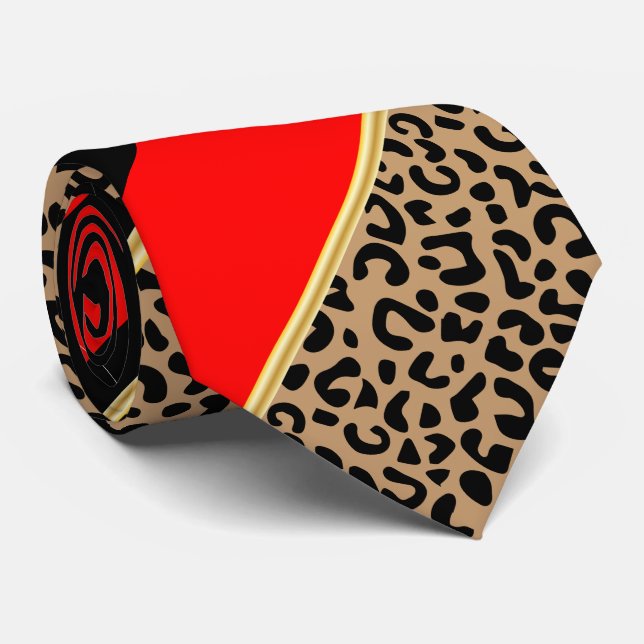 Black, Gold and Red Diagonal Stripe Leopard Krawatte (Gerollt)