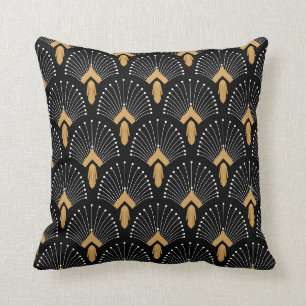 Black, Gold and White Art Deco Fan Flowers Motiv Kissen