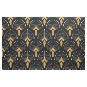 Black, Gold and White Art Deco Fan Flowers Motiv Stoff
