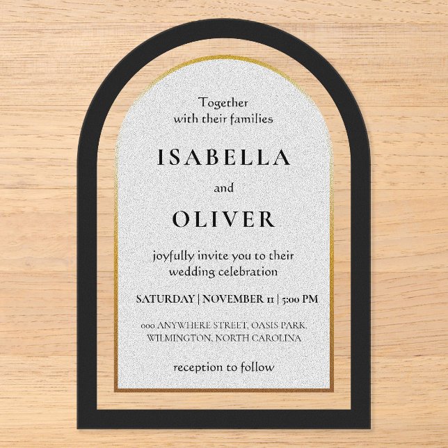 Black gold and white simplistic wedding acryleinladungen (Vorderseite)