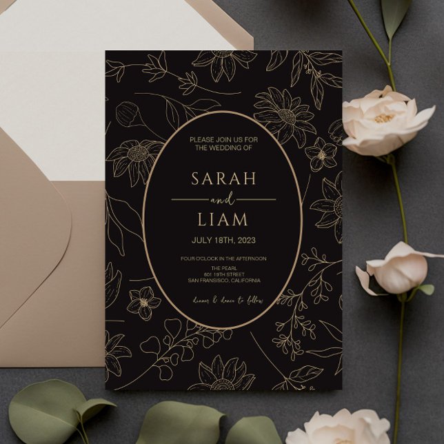 Black & Gold Anemone Line Wildblume Einladung (Von Creator hochgeladen)