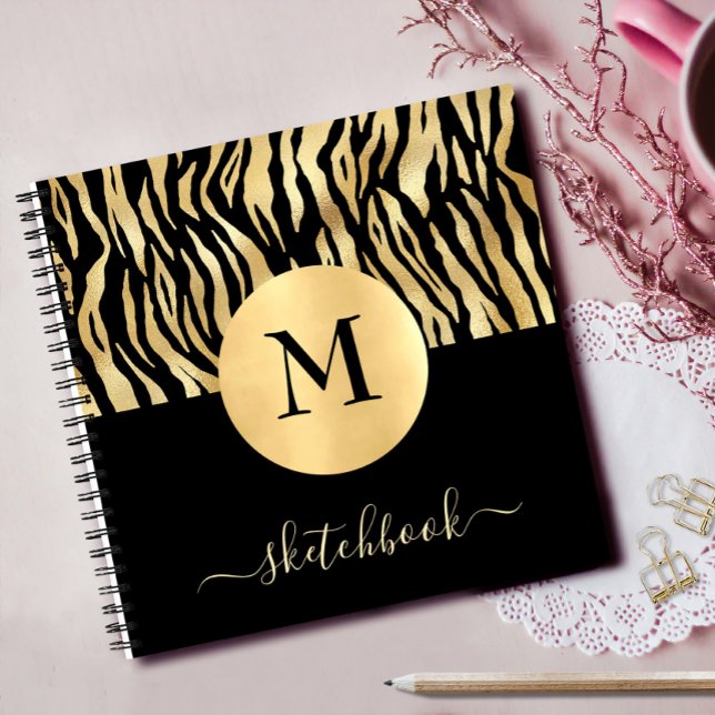 Black Gold Animal Print Glam Monogram Sketchbook Notizbuch (Von Creator hochgeladen)