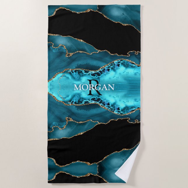 Black Gold & Aquamarin Agate, Monogramm & White Na Strandtuch (Vorderseite)