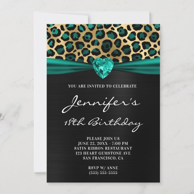 Black Gold Aquamarin Green Leopard Foil 18. Geburt Einladung (Vorderseite)