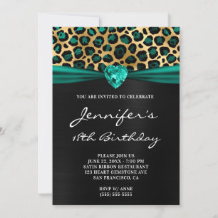 Black Gold Aquamarin Green Leopard Foil 18. Geburt Einladung