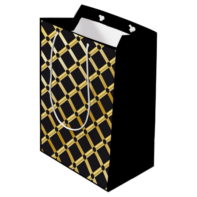 Black & Gold Arabesque Geschenktasche Mittlere Geschenktüte (Rückseite Schrägansicht)