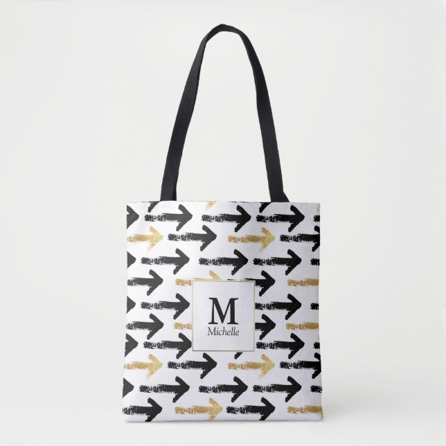 Black & Gold Arrow Monogram Totbeutel Tasche (Vorderseite)